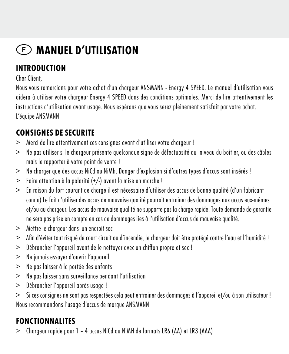 Manuel d’utilisation | ANSMANN 5707144 Energy 4 speed User Manual | Page 10 / 76