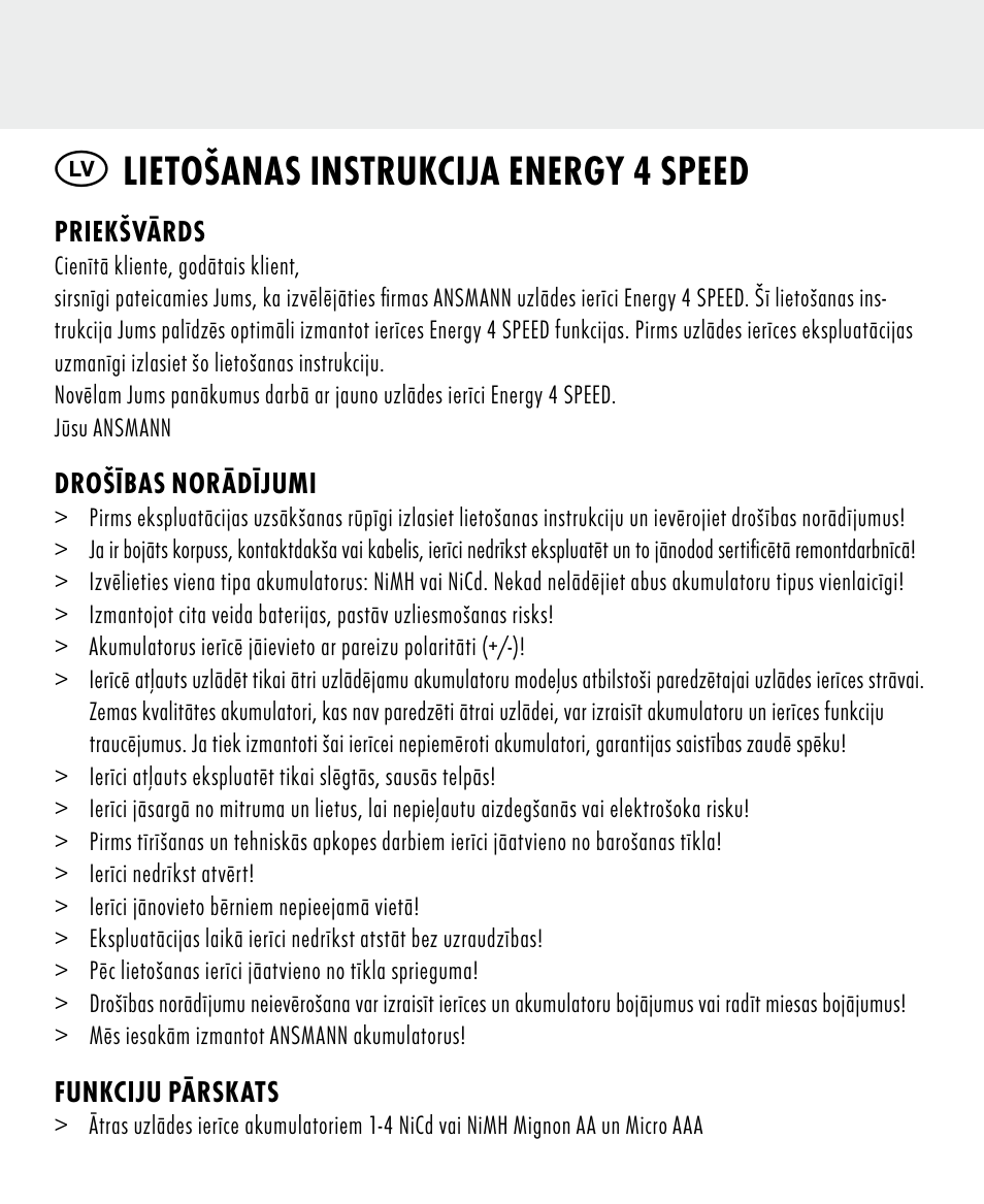 Lietošanas instrukcija energy 4 speed | ANSMANN 5707144 Energy 4 speed User Manual | Page 30 / 76