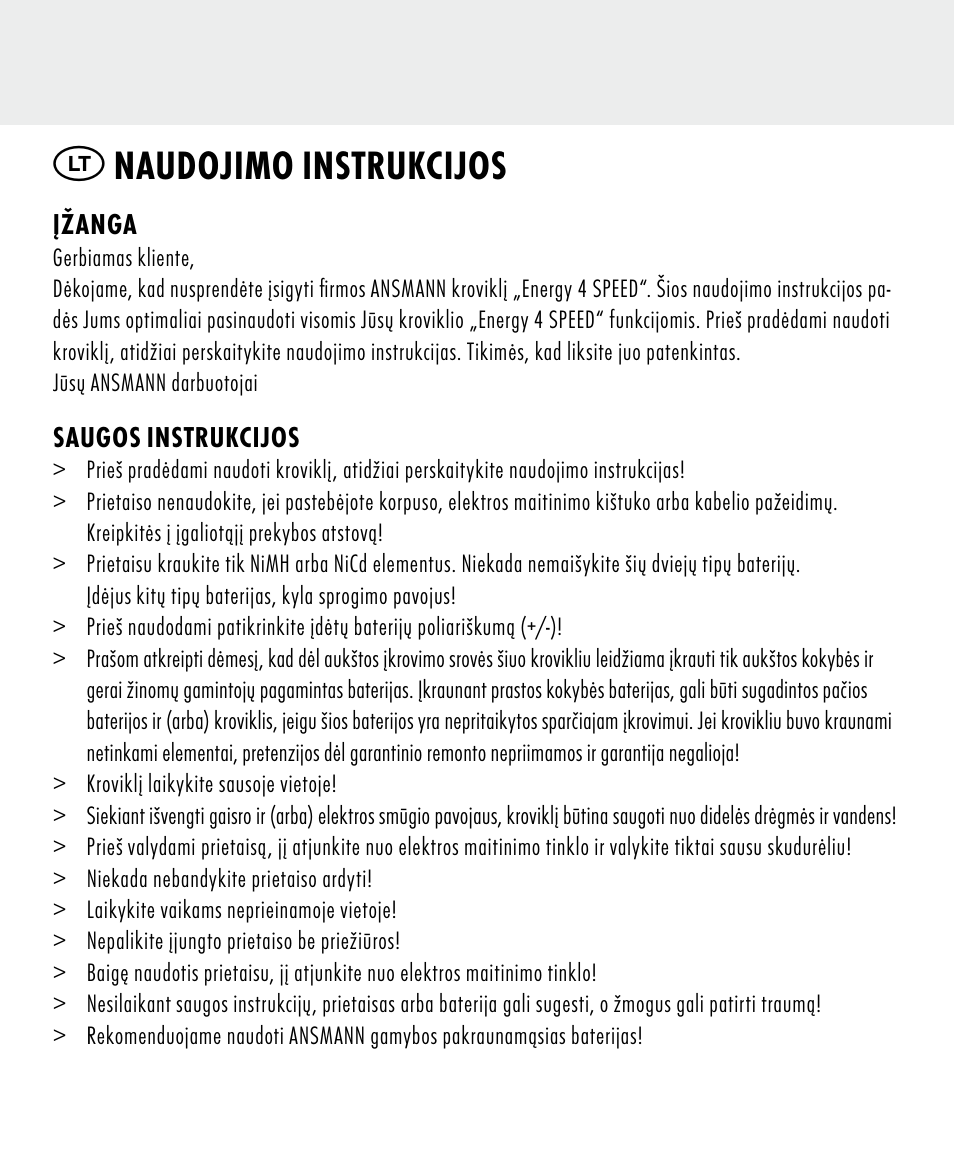 Naudojimo instrukcijos | ANSMANN 5707144 Energy 4 speed User Manual | Page 34 / 76