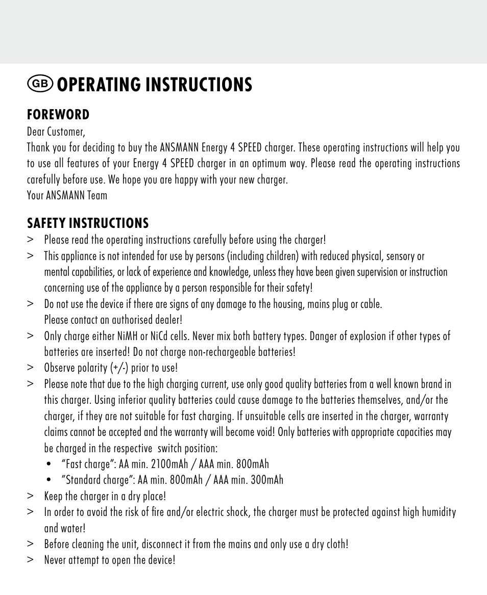 Operating instructions | ANSMANN 5707144 Energy 4 speed User Manual | Page 6 / 76