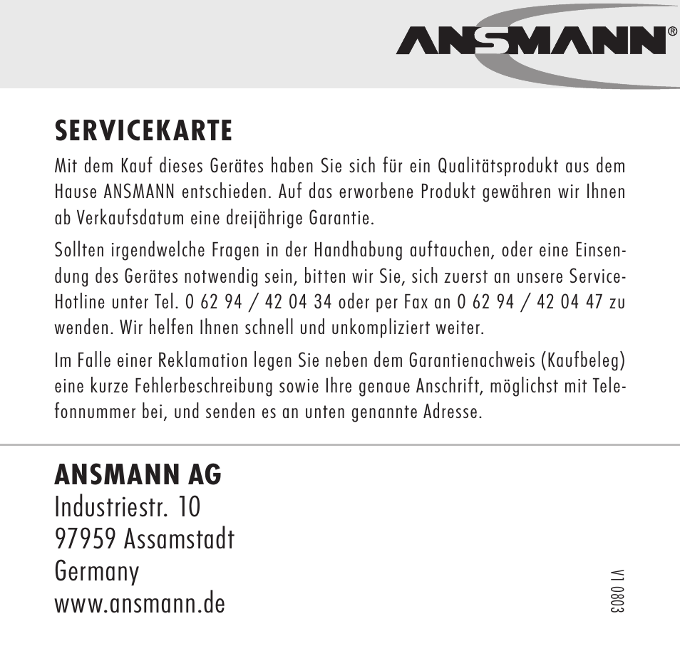Servicekarte | ANSMANN 5707153 Digispeed 4 Ultra+ User Manual | Page 48 / 48