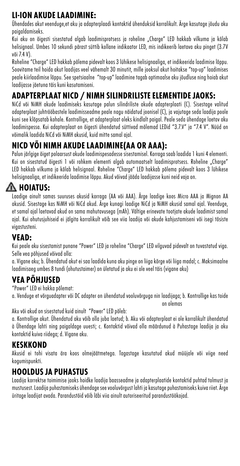 Li-ion akude laadimine, Nicd või nimh akude laadimine(aa or aaa), Hoiatus | Vead, Vea põhjused, Keskkond, Hooldus ja puhastus | ANSMANN 5025023 DigiCharger plus User Manual | Page 28 / 39