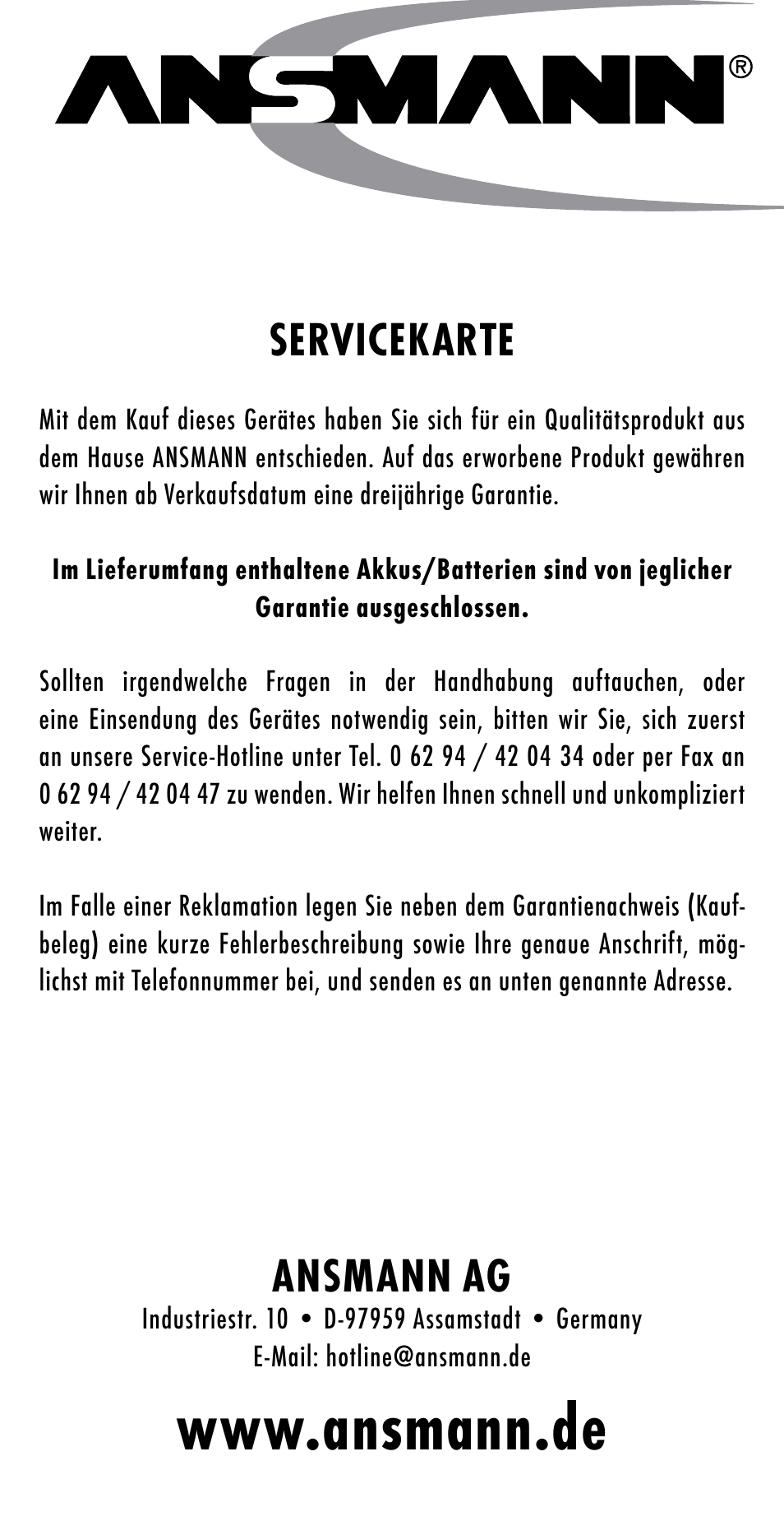 Ansmann ag, Servicekarte | ANSMANN 5025023 DigiCharger plus User Manual | Page 38 / 39