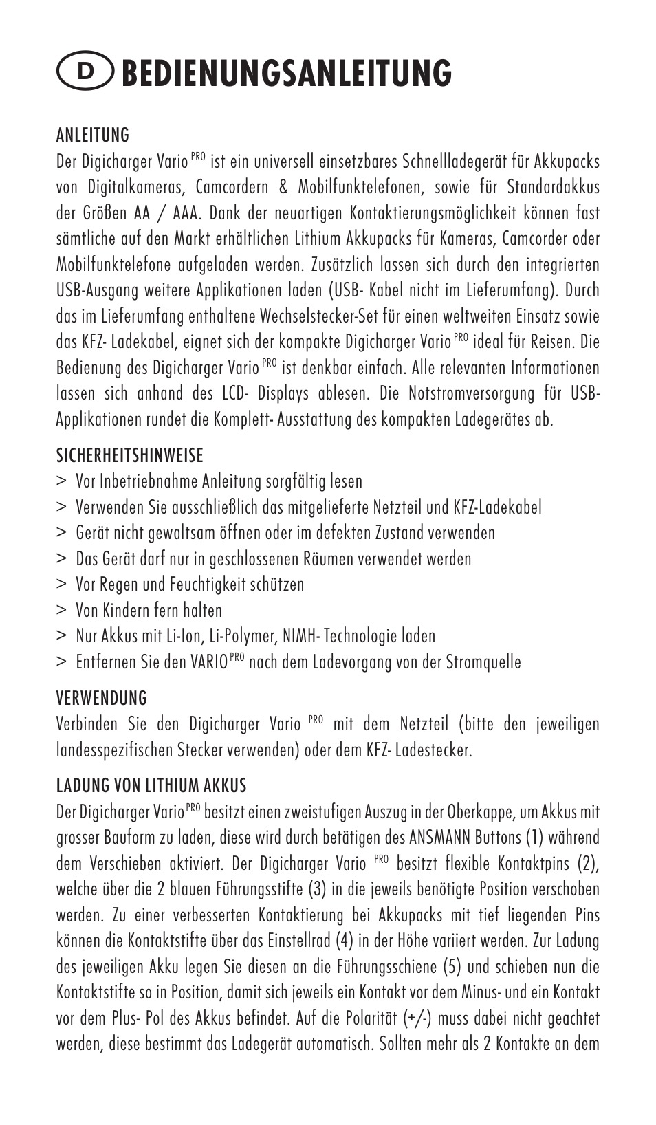 Bedienungsanleitung | ANSMANN 5025132 DigiCharger Vario Pro User Manual | Page 4 / 48