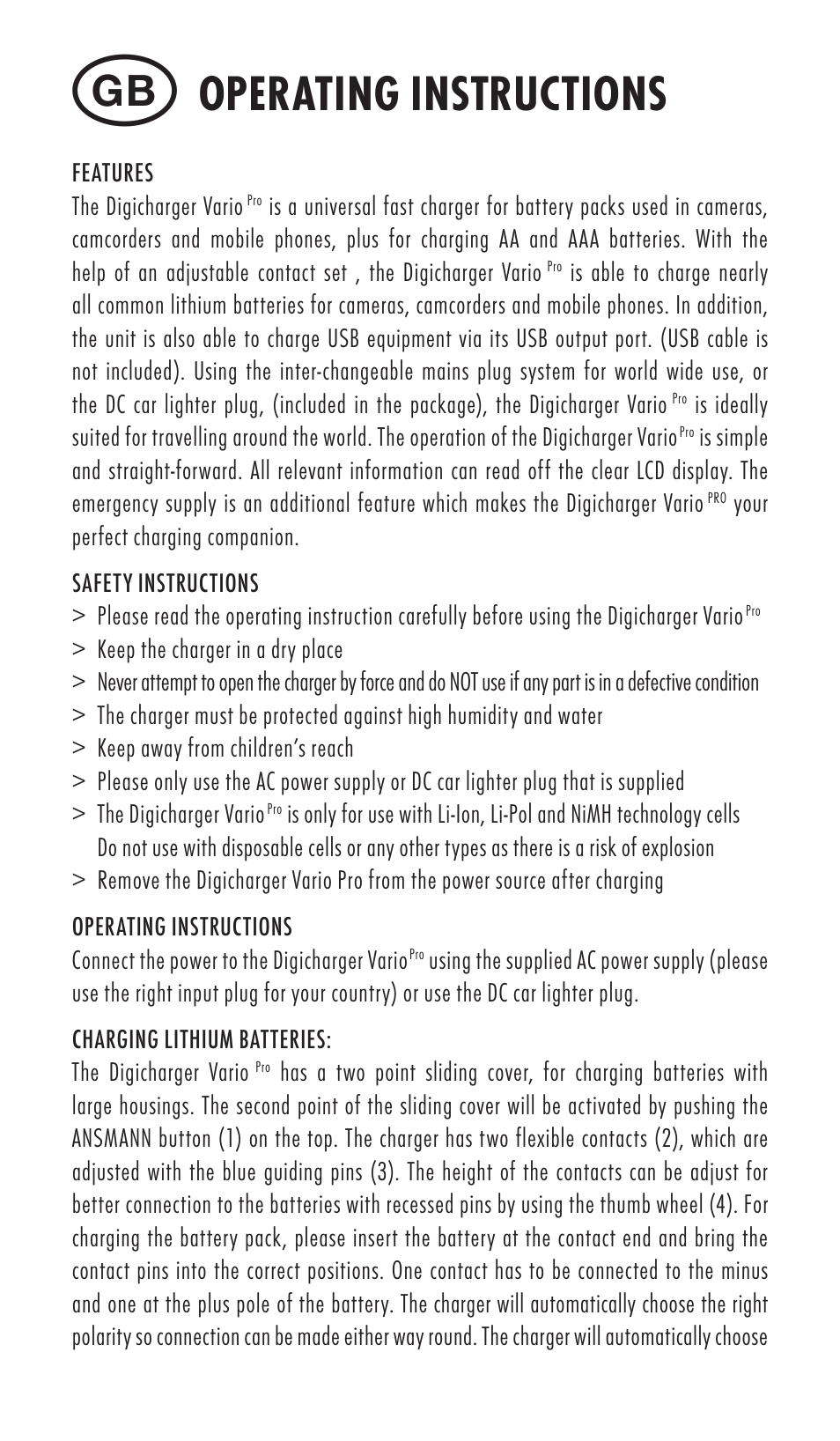 Operating instructions | ANSMANN 5025132 DigiCharger Vario Pro User Manual | Page 6 / 48