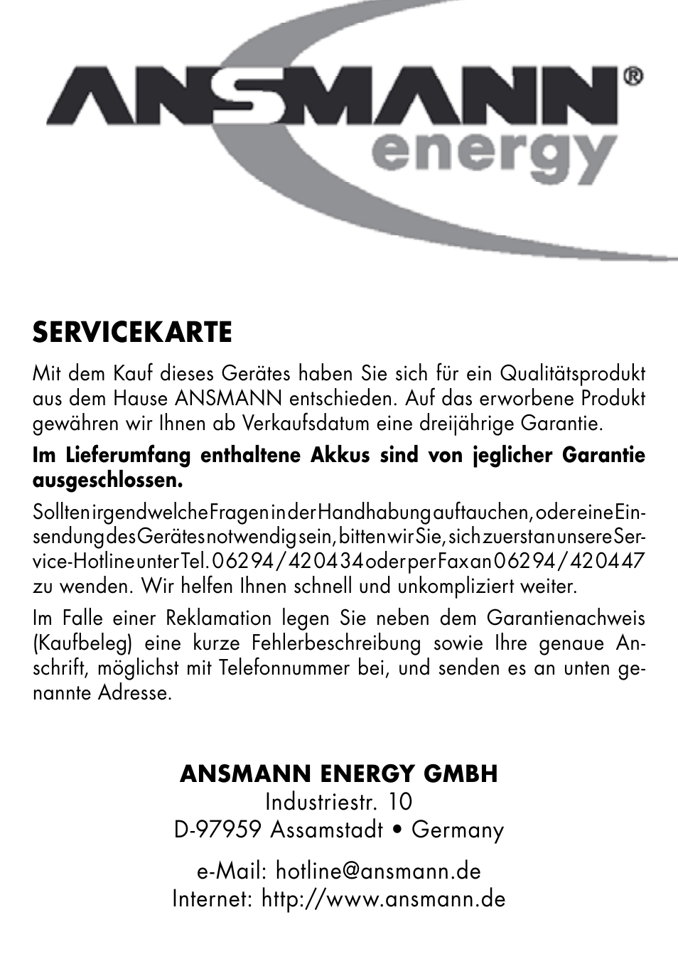 Servicekarte | ANSMANN 5207123 Energy 16 User Manual | Page 28 / 28