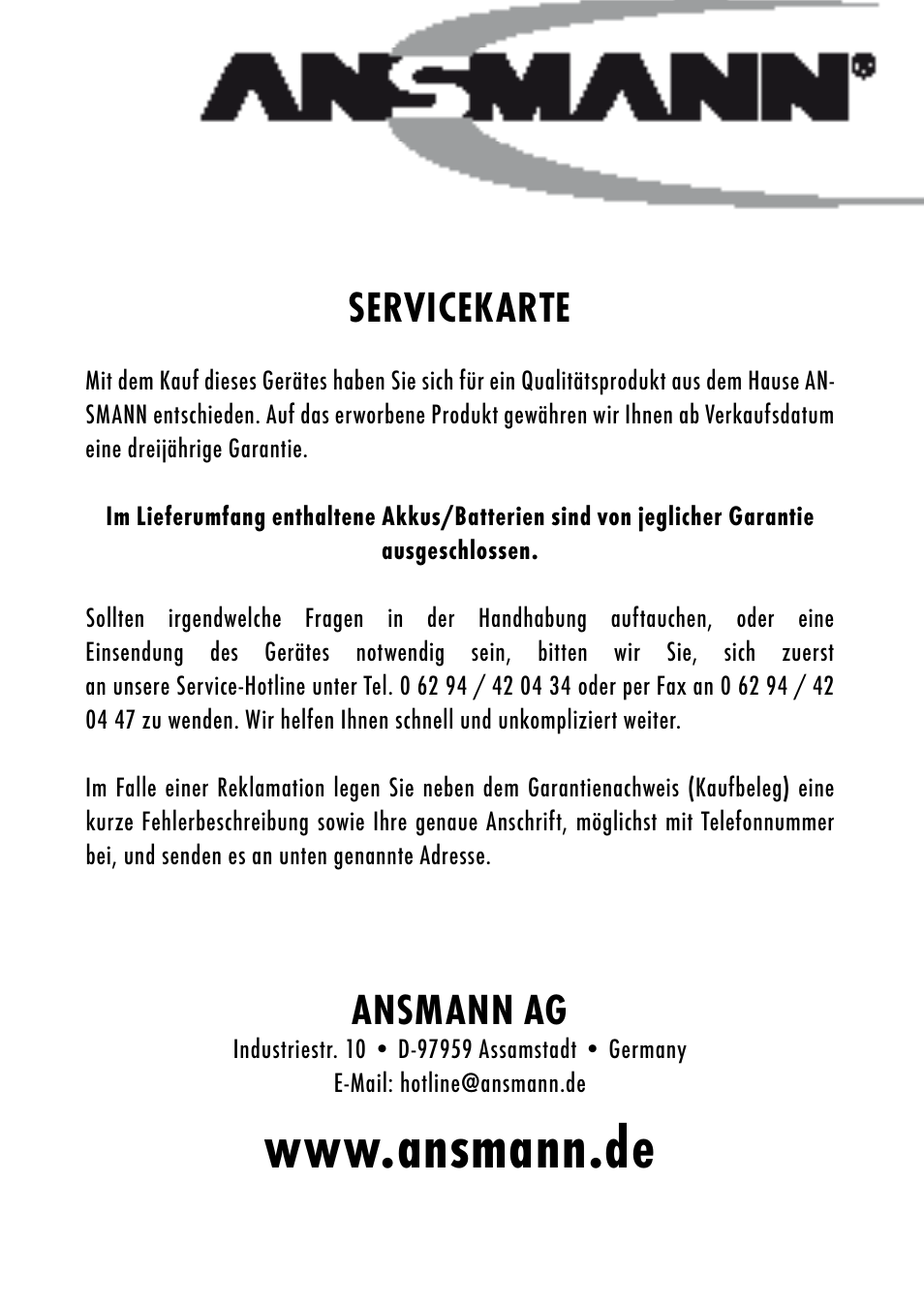 Ansmann ag, Servicekarte | ANSMANN 5207313 Energy 8 professional User Manual | Page 40 / 41