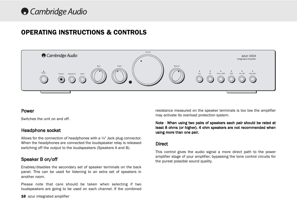 Operating instructions & controls, Power, Headphone socket | Speaker b on/off, Direct | Cambridge Audio Azur 340A User Manual | Page 10 / 114
