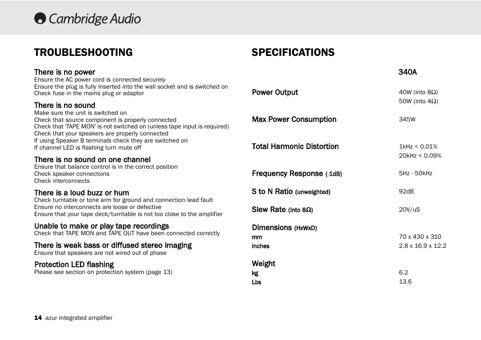Troubleshooting, Specifications | Cambridge Audio Azur 340A User Manual | Page 14 / 114