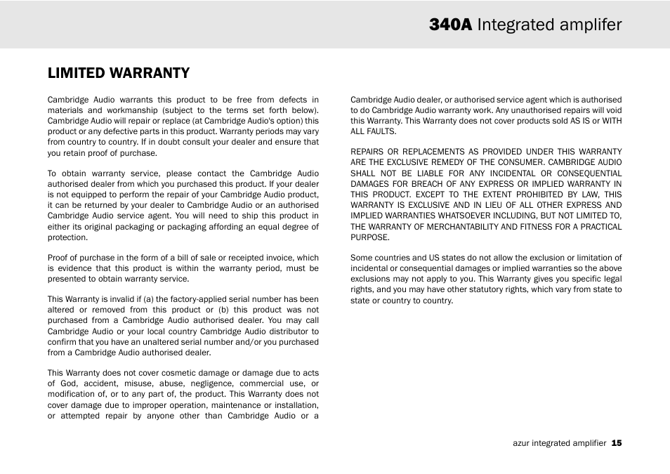 340a integrated amplifer, Limited warranty | Cambridge Audio Azur 340A User Manual | Page 15 / 114