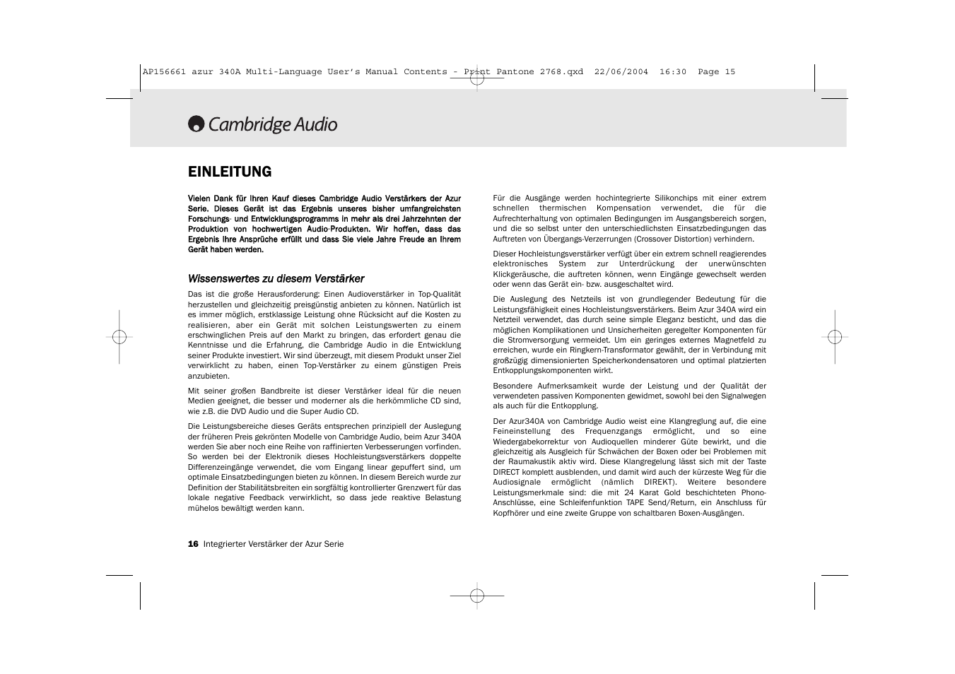 Einleitung | Cambridge Audio Azur 340A User Manual | Page 16 / 114