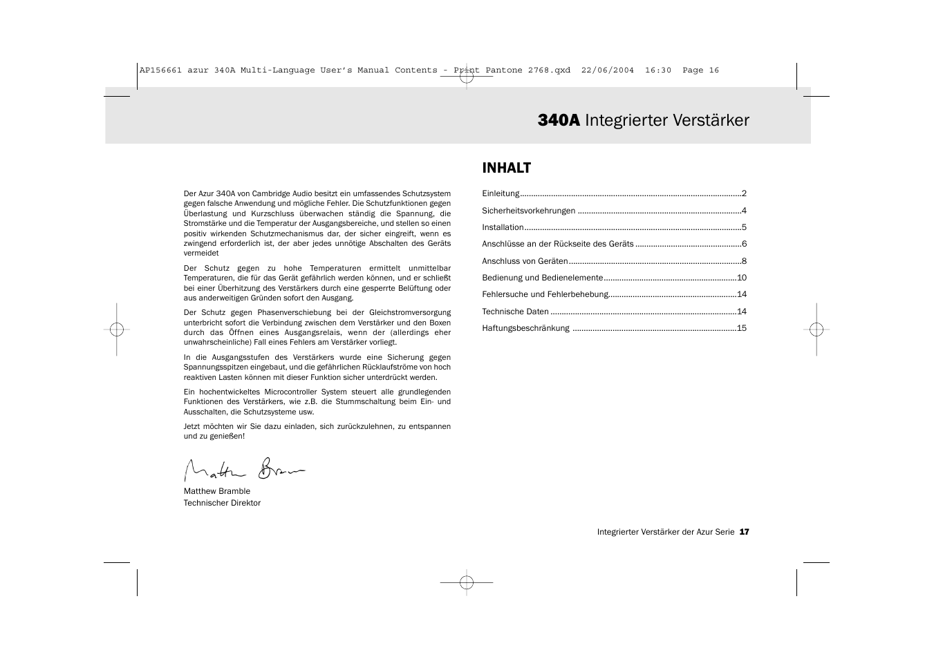 340a integrierter verstärker, Inhalt | Cambridge Audio Azur 340A User Manual | Page 17 / 114