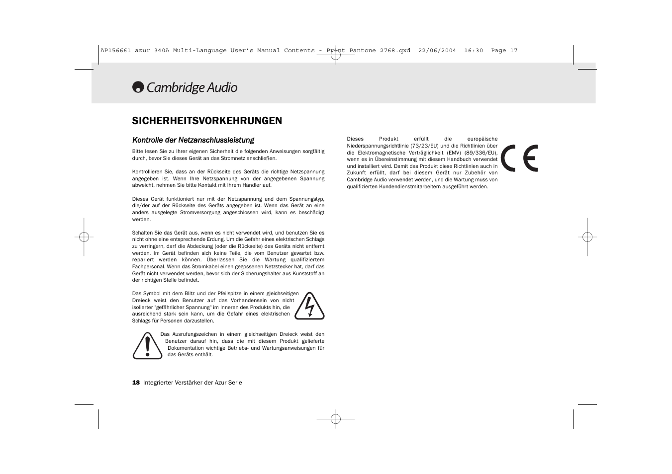 Sicherheitsvorkehrungen | Cambridge Audio Azur 340A User Manual | Page 18 / 114