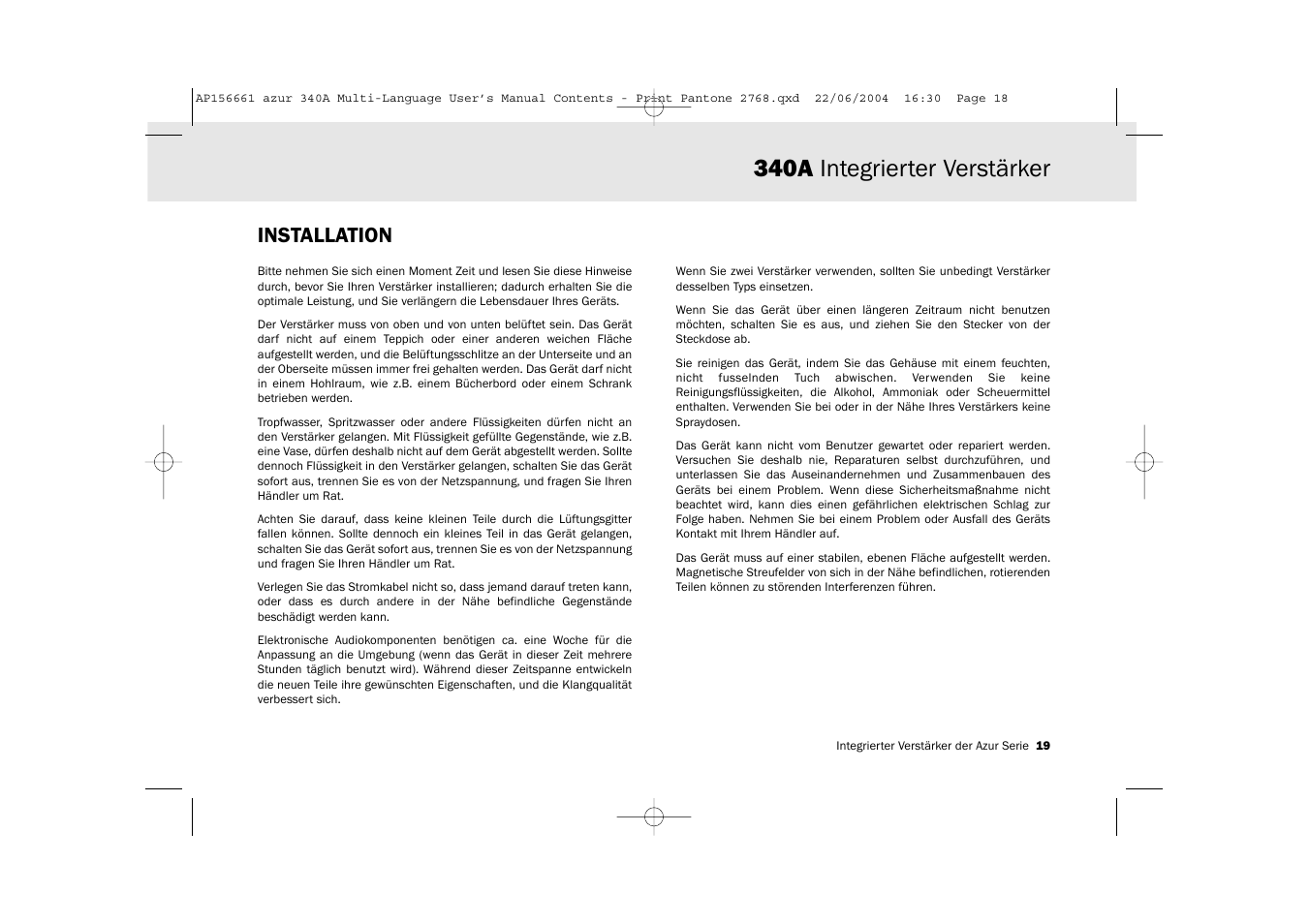 340a integrierter verstärker, Installation | Cambridge Audio Azur 340A User Manual | Page 19 / 114