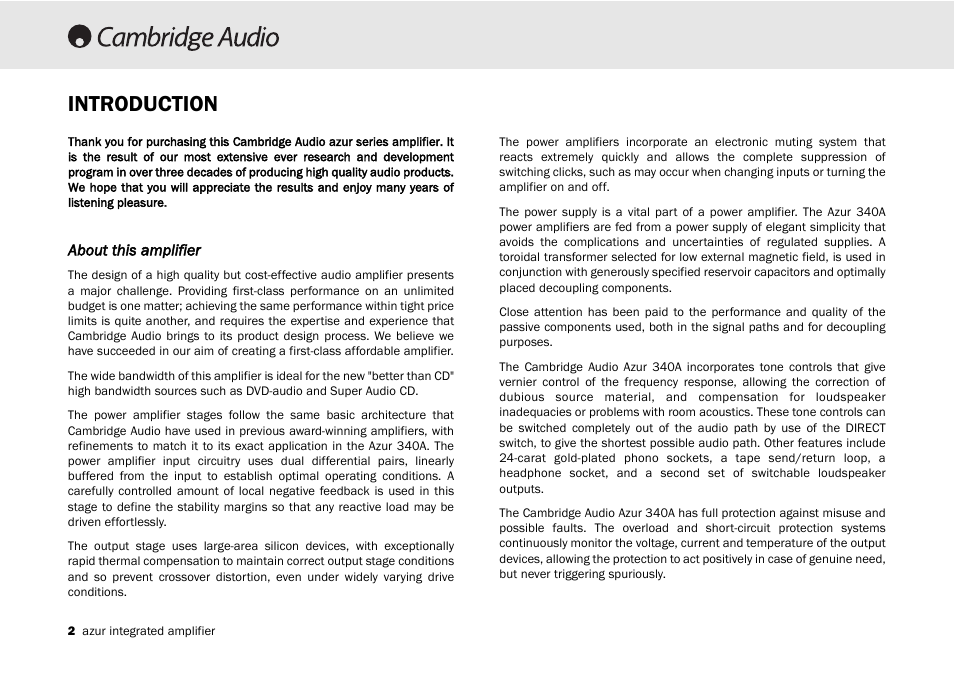 Introduction | Cambridge Audio Azur 340A User Manual | Page 2 / 114