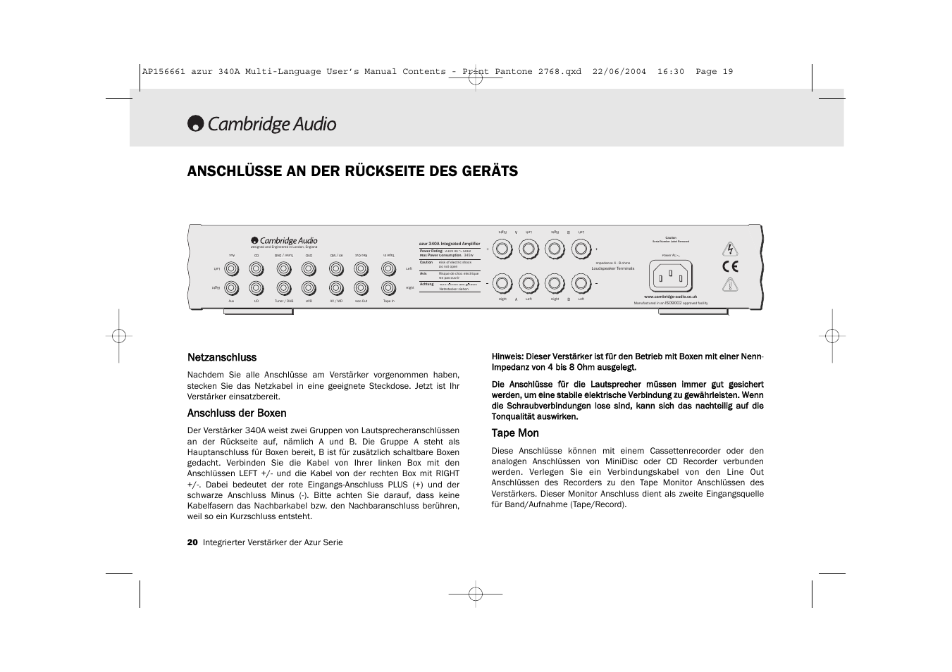 Anschlüsse an der rückseite des geräts, Netzanschluss, Anschluss dder b boxen | Tape m mon, 20 integrierter verstärker der azur serie | Cambridge Audio Azur 340A User Manual | Page 20 / 114