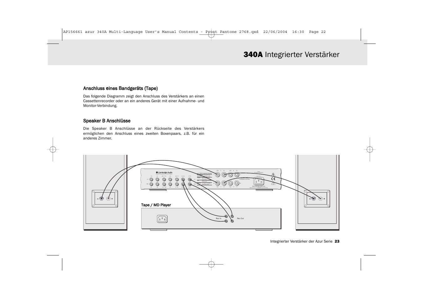 340a integrierter verstärker, Designed and engineered in london, england, Caution serial number label removed | Anschluss eeines b bandgeräts ((tape), Speaker b b aanschlüsse, Integrierter verstärker der azur serie 23 | Cambridge Audio Azur 340A User Manual | Page 23 / 114