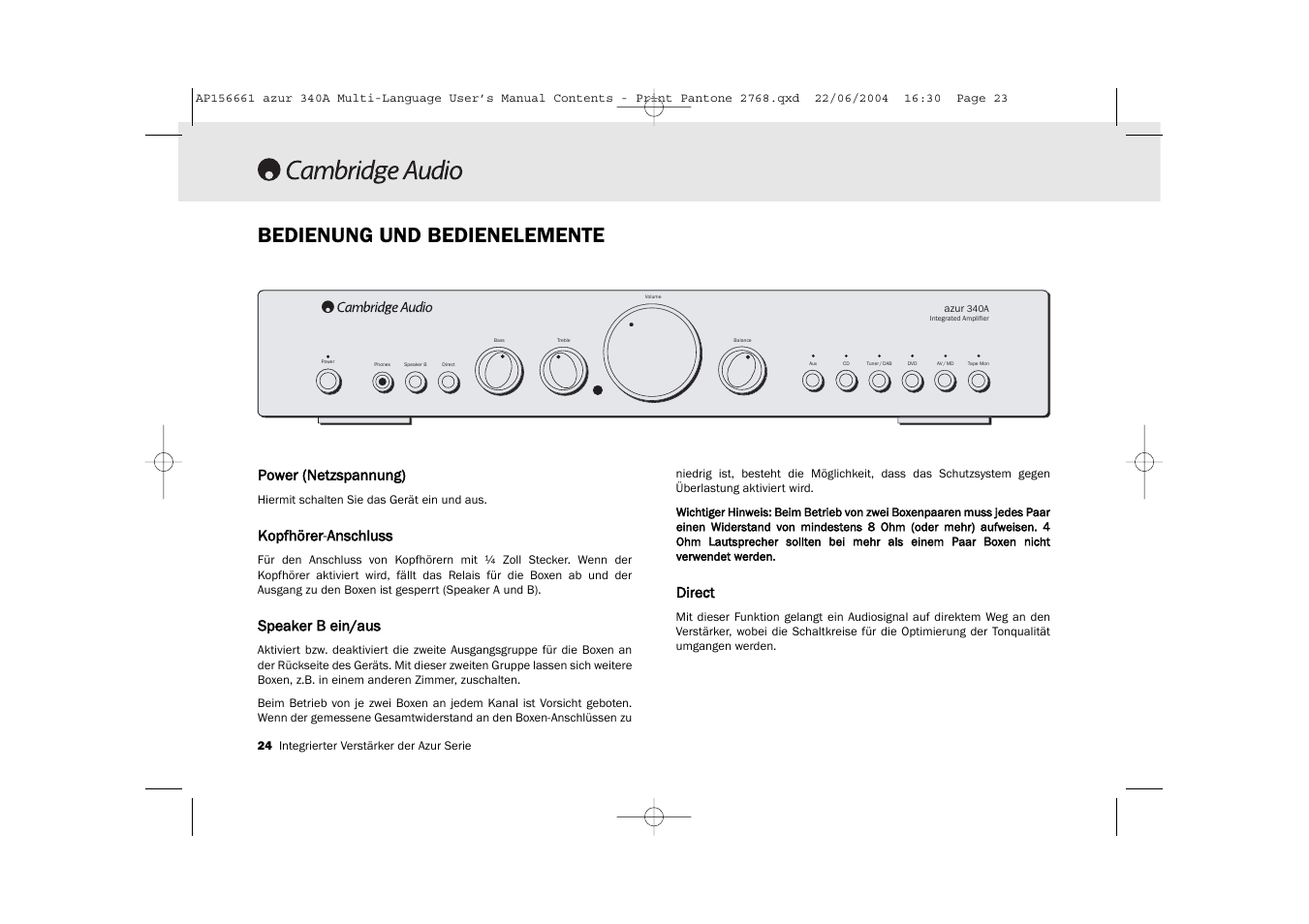 Bedienung und bedienelemente, Power ((netzspannung), Kopfhörer-aanschluss | Speaker b b eein/aus, Direct | Cambridge Audio Azur 340A User Manual | Page 24 / 114