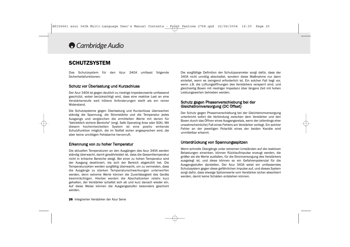 Schutzsystem | Cambridge Audio Azur 340A User Manual | Page 26 / 114