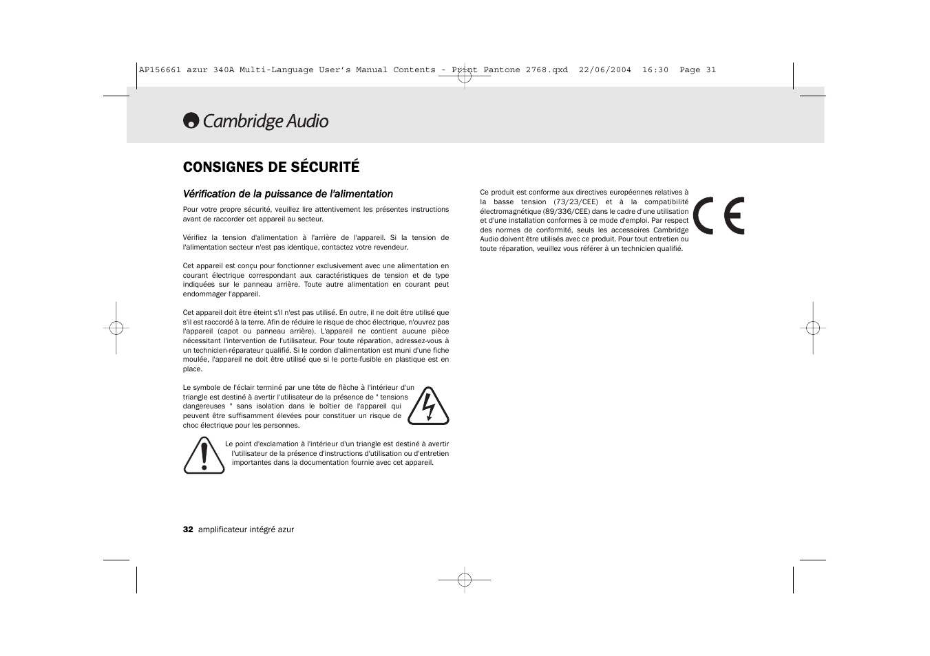 Consignes de sécurité | Cambridge Audio Azur 340A User Manual | Page 32 / 114