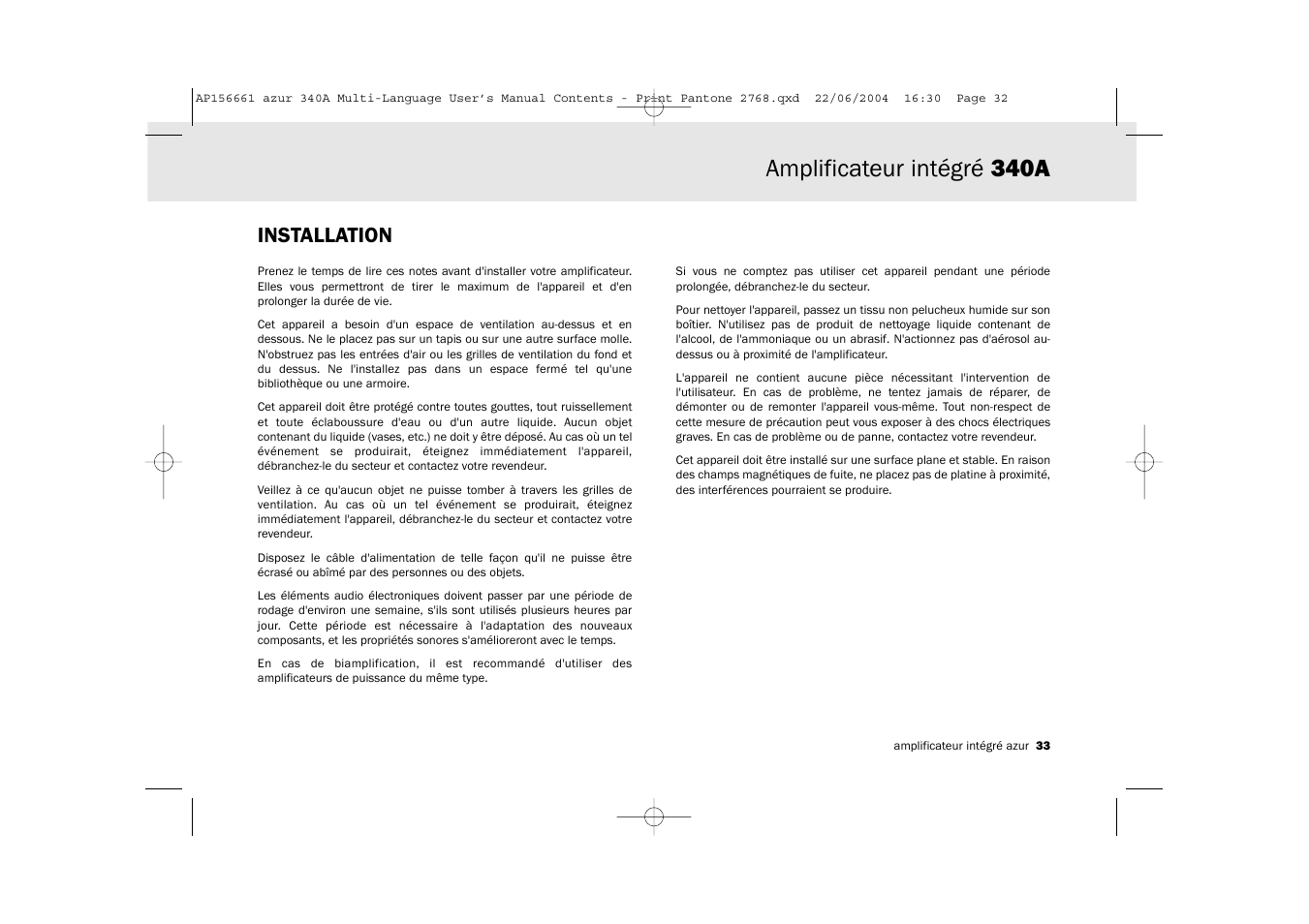 Amplificateur intégré 340a, Installation | Cambridge Audio Azur 340A User Manual | Page 33 / 114