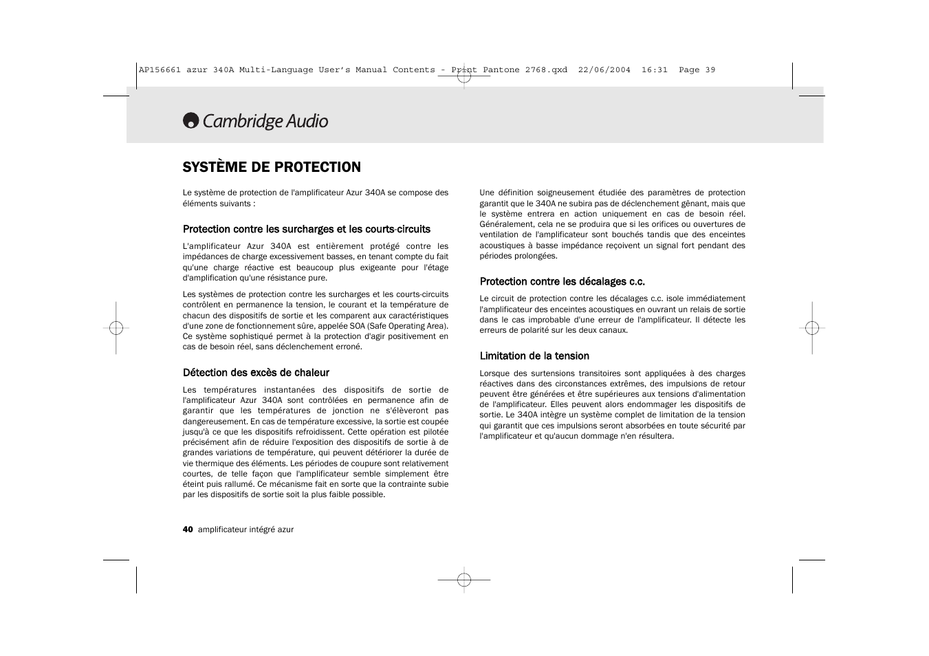Système de protection | Cambridge Audio Azur 340A User Manual | Page 40 / 114