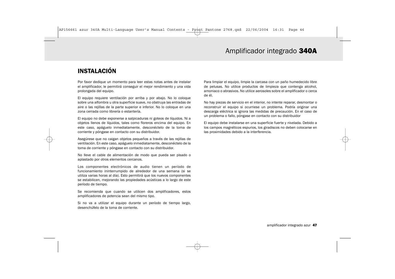 Amplificador integrado 340a, Instalación | Cambridge Audio Azur 340A User Manual | Page 47 / 114