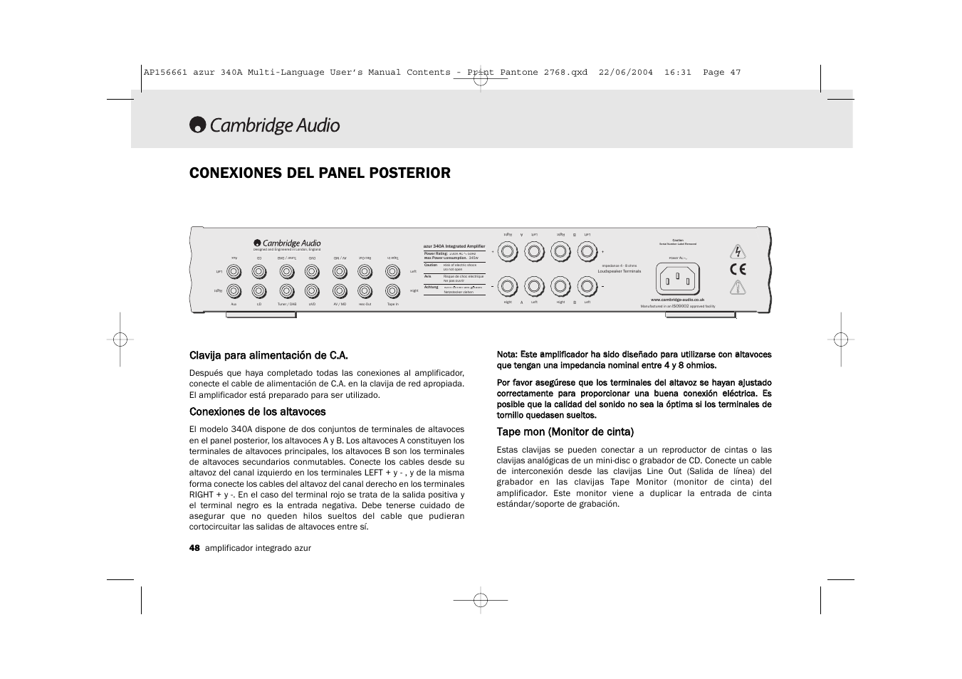 Conexiones del panel posterior, Clavija ppara aalimentación dde c c.a, Conexiones dde llos aaltavoces | Tape m mon ((monitor dde ccinta), 48 amplificador integrado azur | Cambridge Audio Azur 340A User Manual | Page 48 / 114