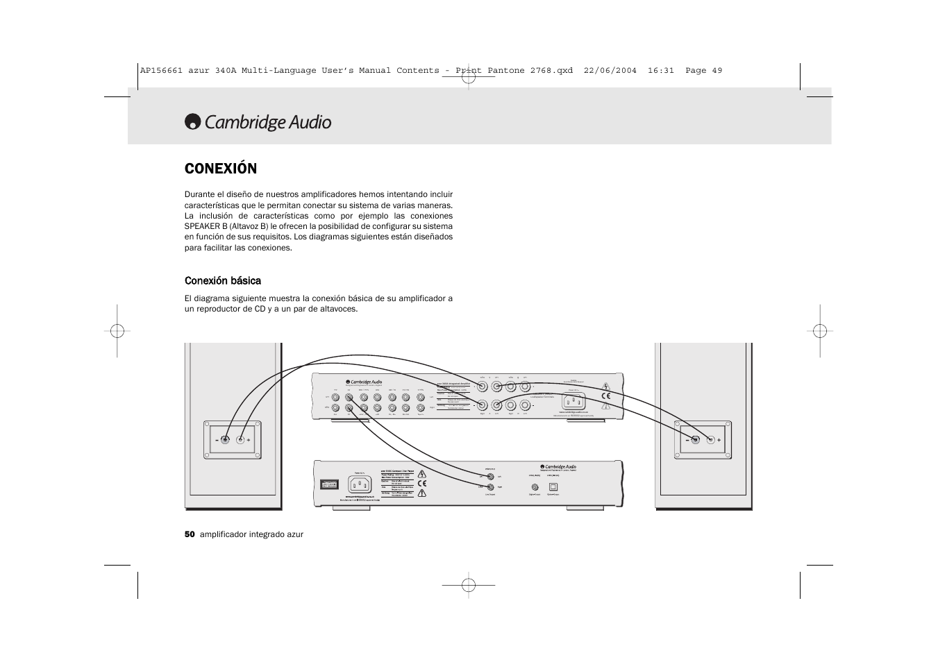 Conexión, Designed and engineered in london, england, Caution serial number label removed | Conexión bbásica | Cambridge Audio Azur 340A User Manual | Page 50 / 114