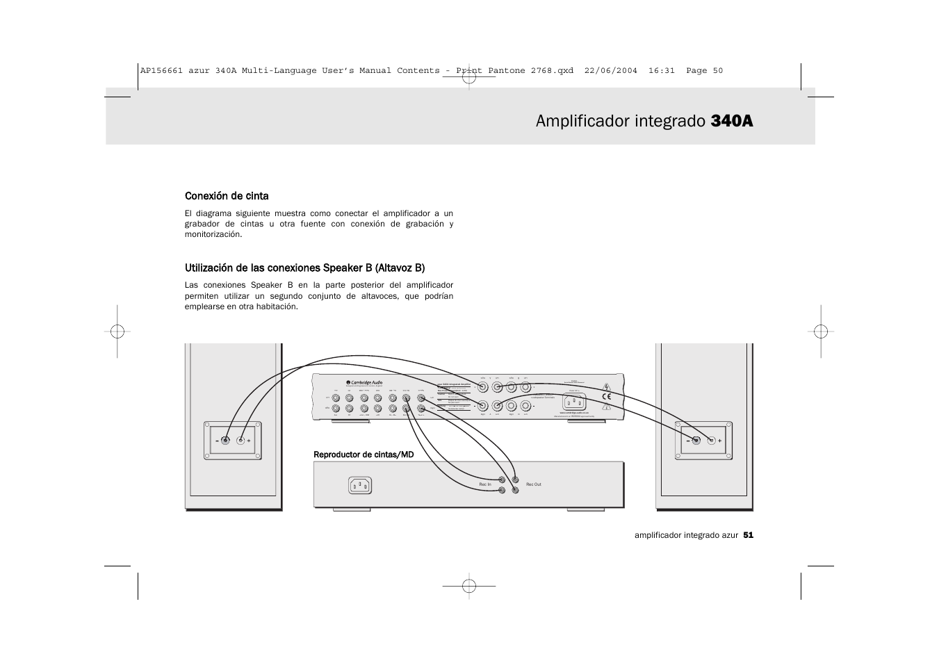 Amplificador integrado 340a, Designed and engineered in london, england, Caution serial number label removed | Conexión dde ccinta, Amplificador integrado azur 51 | Cambridge Audio Azur 340A User Manual | Page 51 / 114