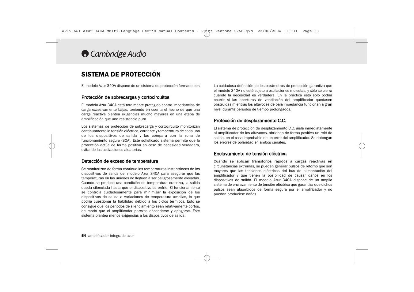 Sistema de protección | Cambridge Audio Azur 340A User Manual | Page 54 / 114