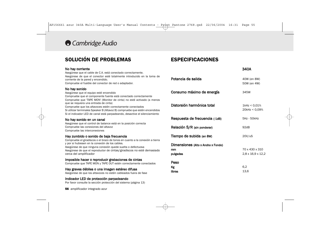 Solución de problemas, Especificaciones | Cambridge Audio Azur 340A User Manual | Page 56 / 114