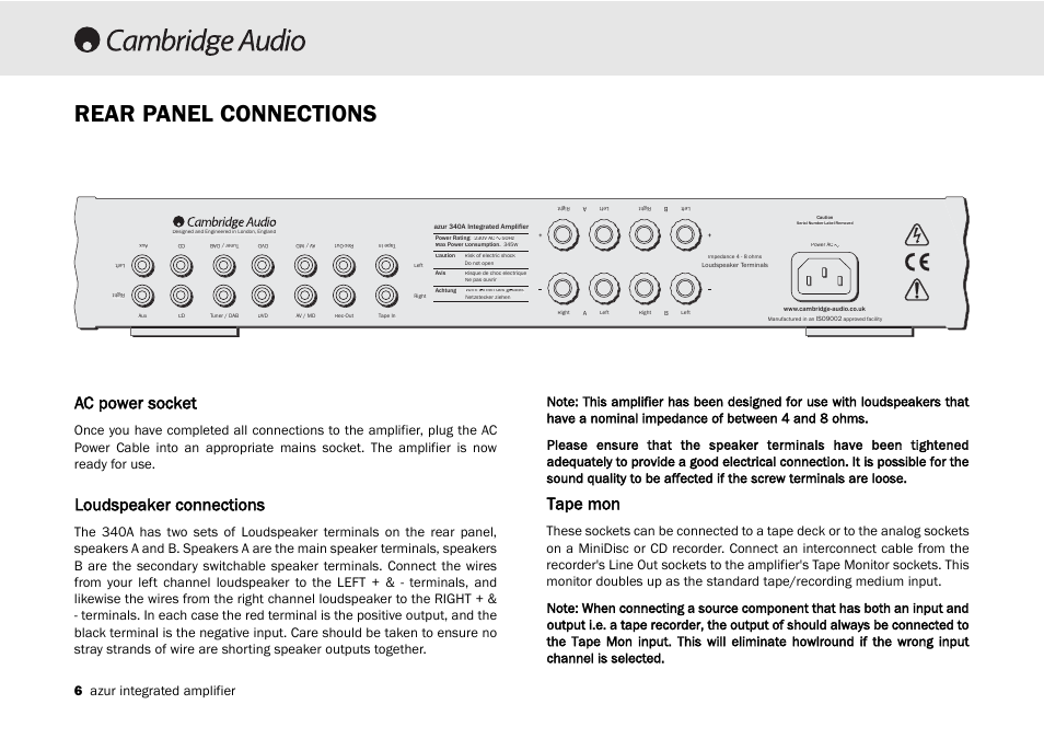 Rear panel connections, Ac power socket, Loudspeaker connections | Tape mon, 6 azur integrated amplifier | Cambridge Audio Azur 340A User Manual | Page 6 / 114