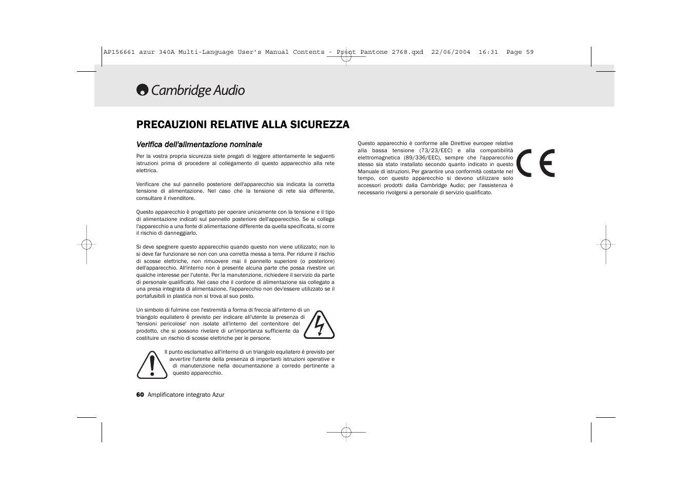 Precauzioni relative alla sicurezza | Cambridge Audio Azur 340A User Manual | Page 60 / 114