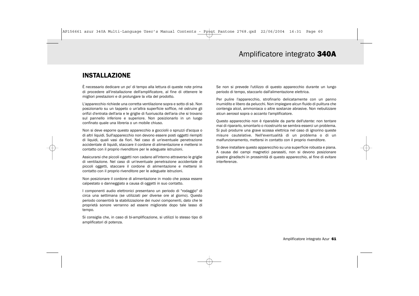 Amplificatore integrato 340a, Installazione | Cambridge Audio Azur 340A User Manual | Page 61 / 114