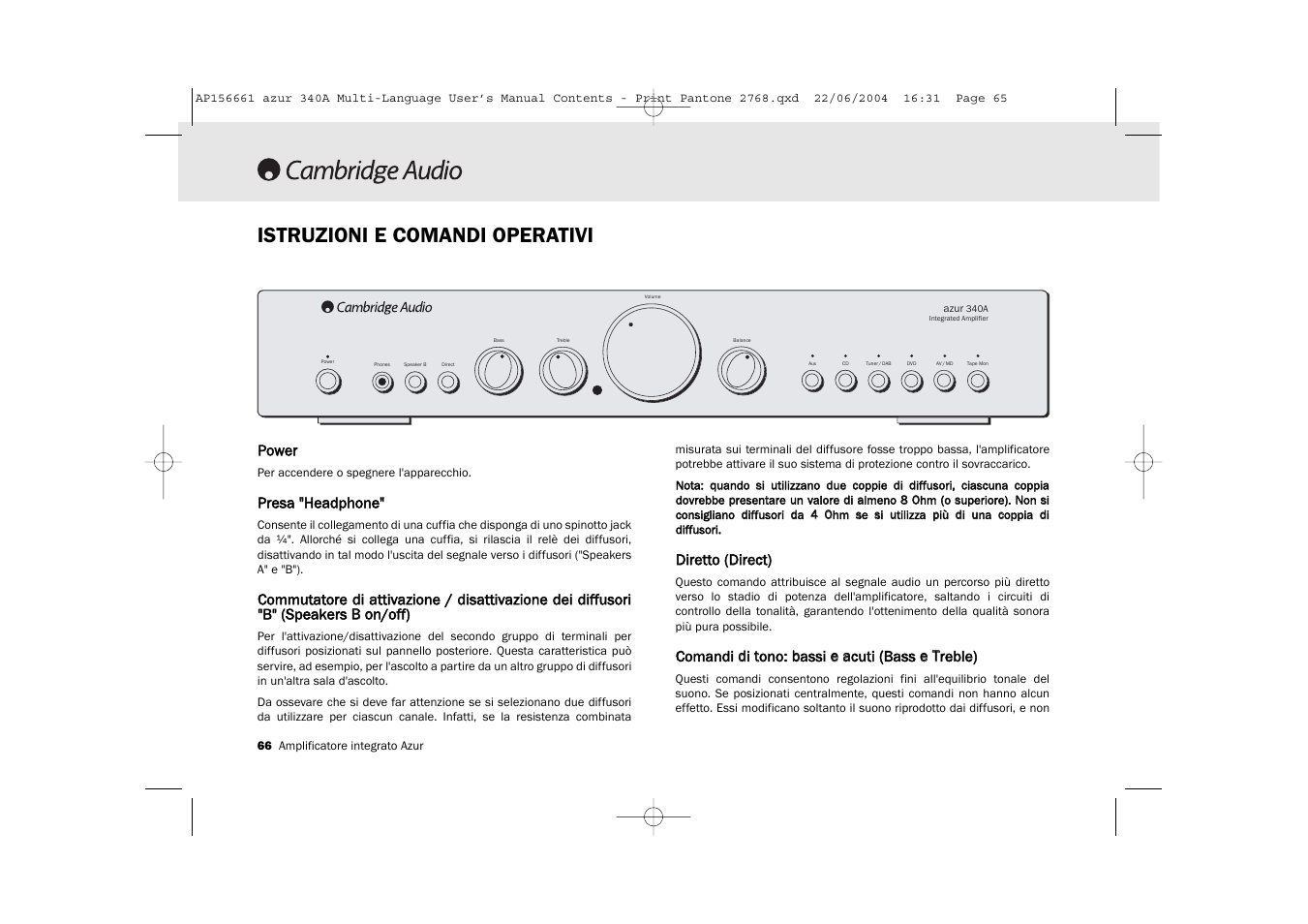 Istruzioni e comandi operativi, Power, Presa ""headphone | Diretto ((direct) | Cambridge Audio Azur 340A User Manual | Page 66 / 114
