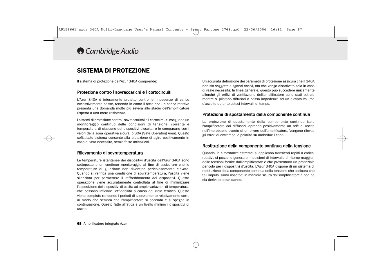 Sistema di protezione | Cambridge Audio Azur 340A User Manual | Page 68 / 114