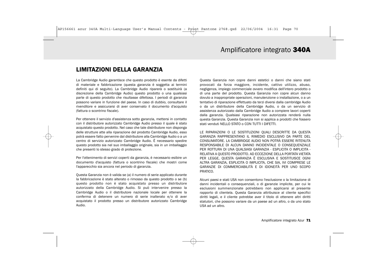 Amplificatore integrato 340a, Limitazioni della garanzia | Cambridge Audio Azur 340A User Manual | Page 71 / 114