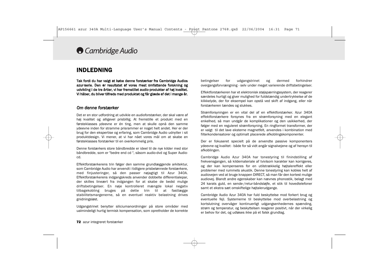 Indledning | Cambridge Audio Azur 340A User Manual | Page 72 / 114