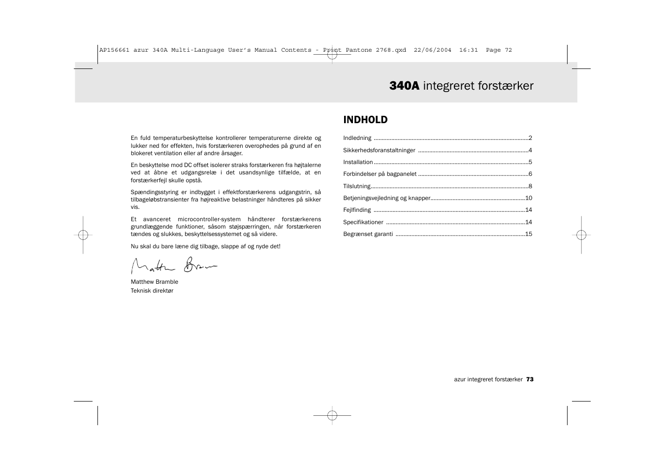 340a integreret forstærker, Indhold | Cambridge Audio Azur 340A User Manual | Page 73 / 114