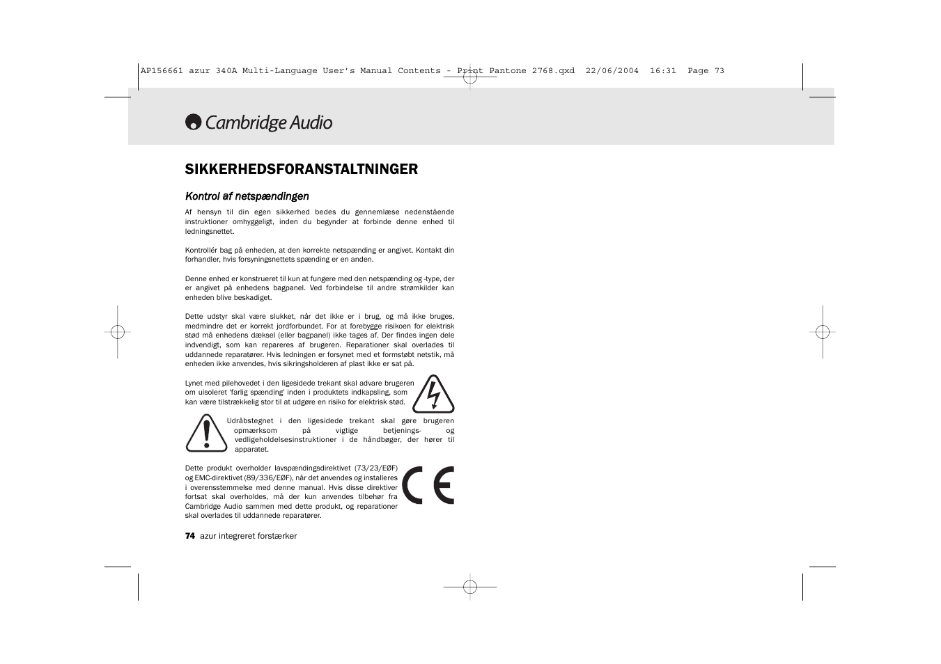 Sikkerhedsforanstaltninger | Cambridge Audio Azur 340A User Manual | Page 74 / 114