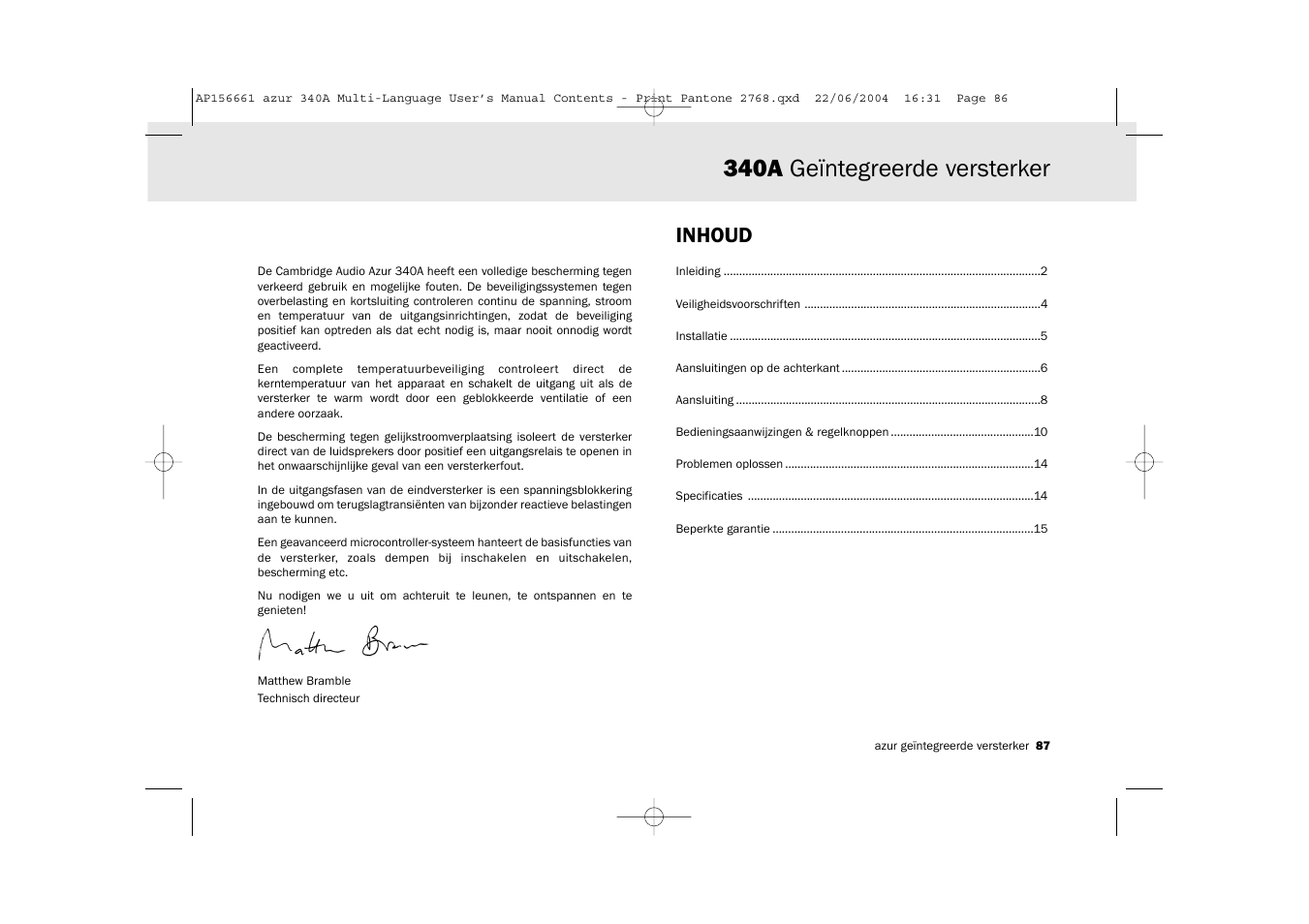 340a geïntegreerde versterker, Inhoud | Cambridge Audio Azur 340A User Manual | Page 87 / 114