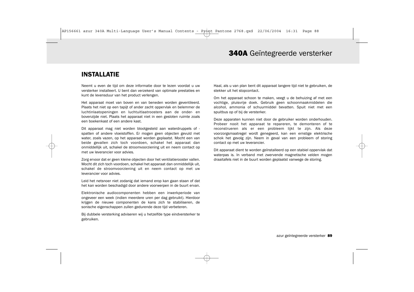340a geïntegreerde versterker, Installatie | Cambridge Audio Azur 340A User Manual | Page 89 / 114