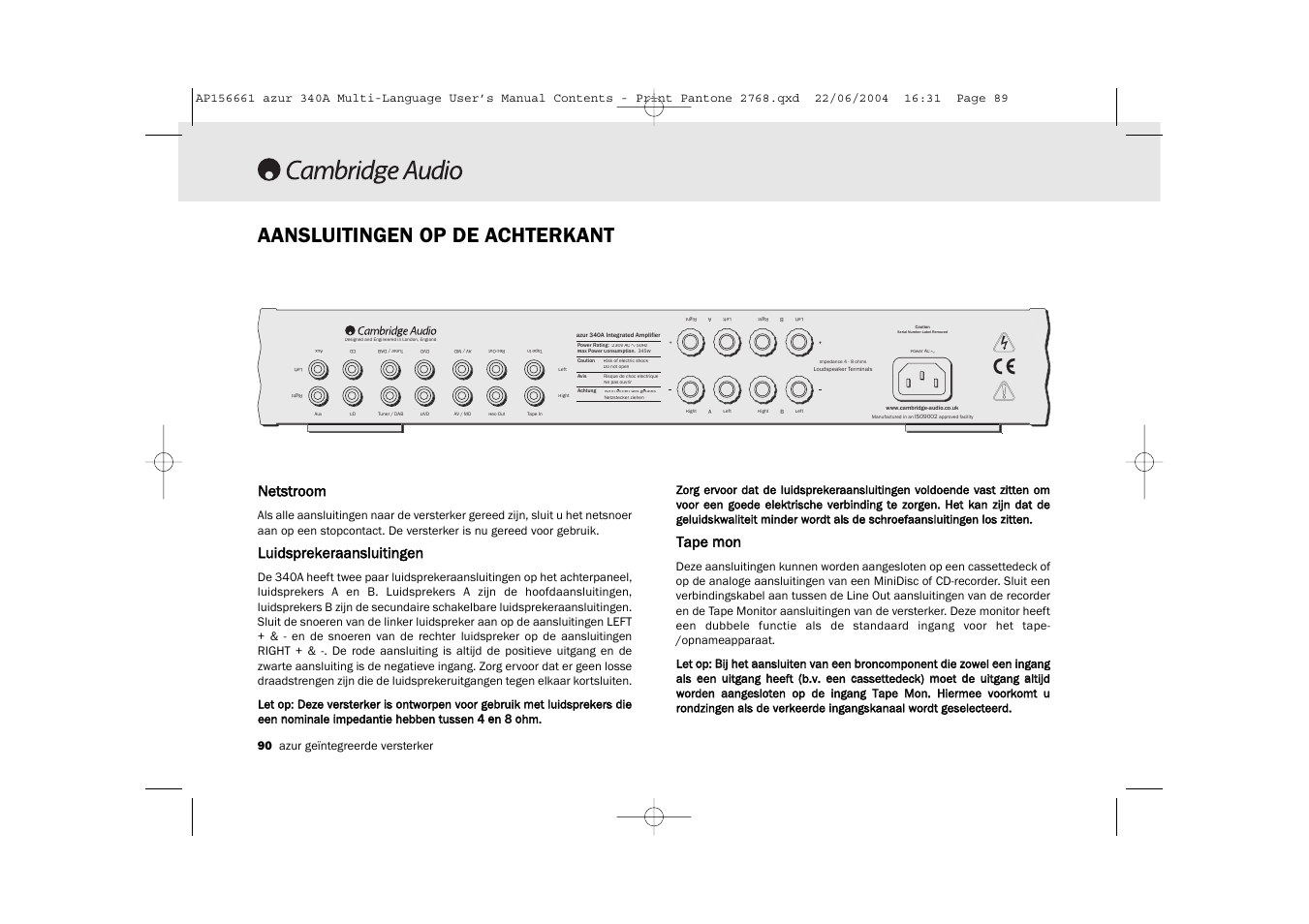 Aansluitingen op de achterkant, Netstroom, Luidsprekeraansluitingen | Tape m mon, 90 azur geïntegreerde versterker | Cambridge Audio Azur 340A User Manual | Page 90 / 114