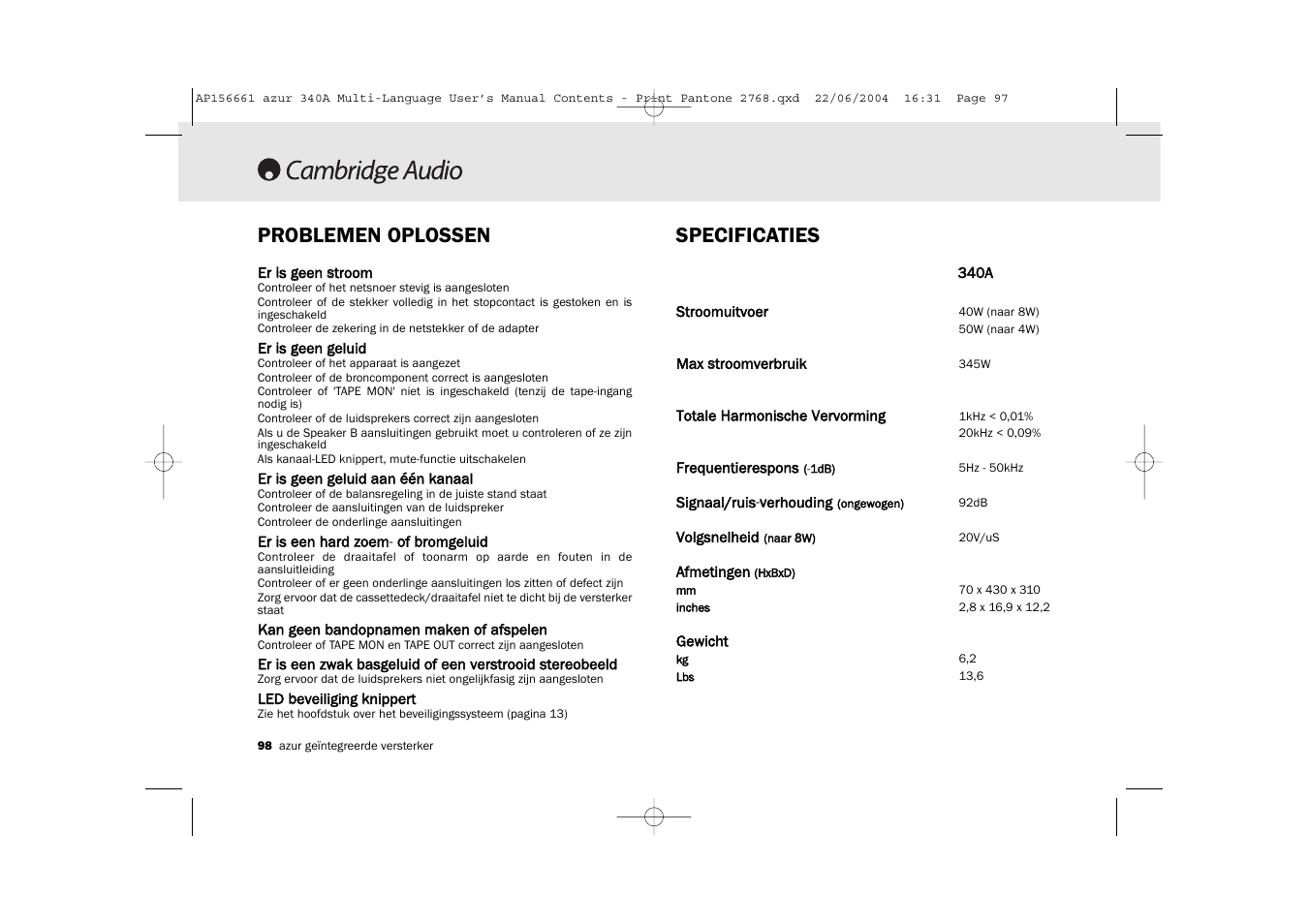 Problemen oplossen, Specificaties | Cambridge Audio Azur 340A User Manual | Page 98 / 114
