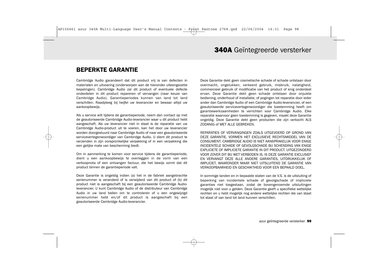 340a geïntegreerde versterker, Beperkte garantie | Cambridge Audio Azur 340A User Manual | Page 99 / 114