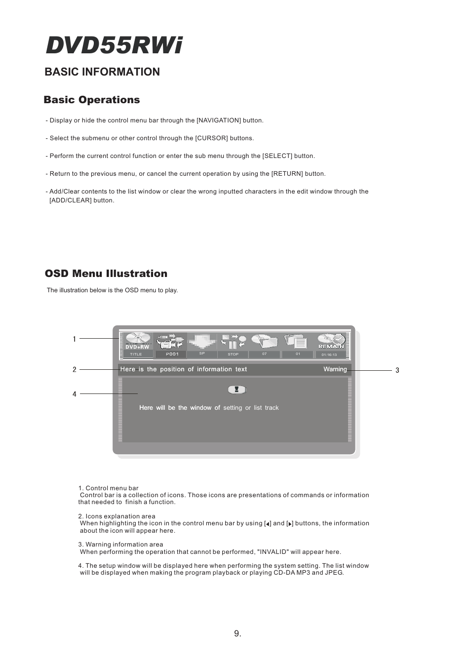 Dvd55rwi, Basic information, Basic operations osd menu illustration | Cambridge Audio DVD55RWi User Manual | Page 11 / 56