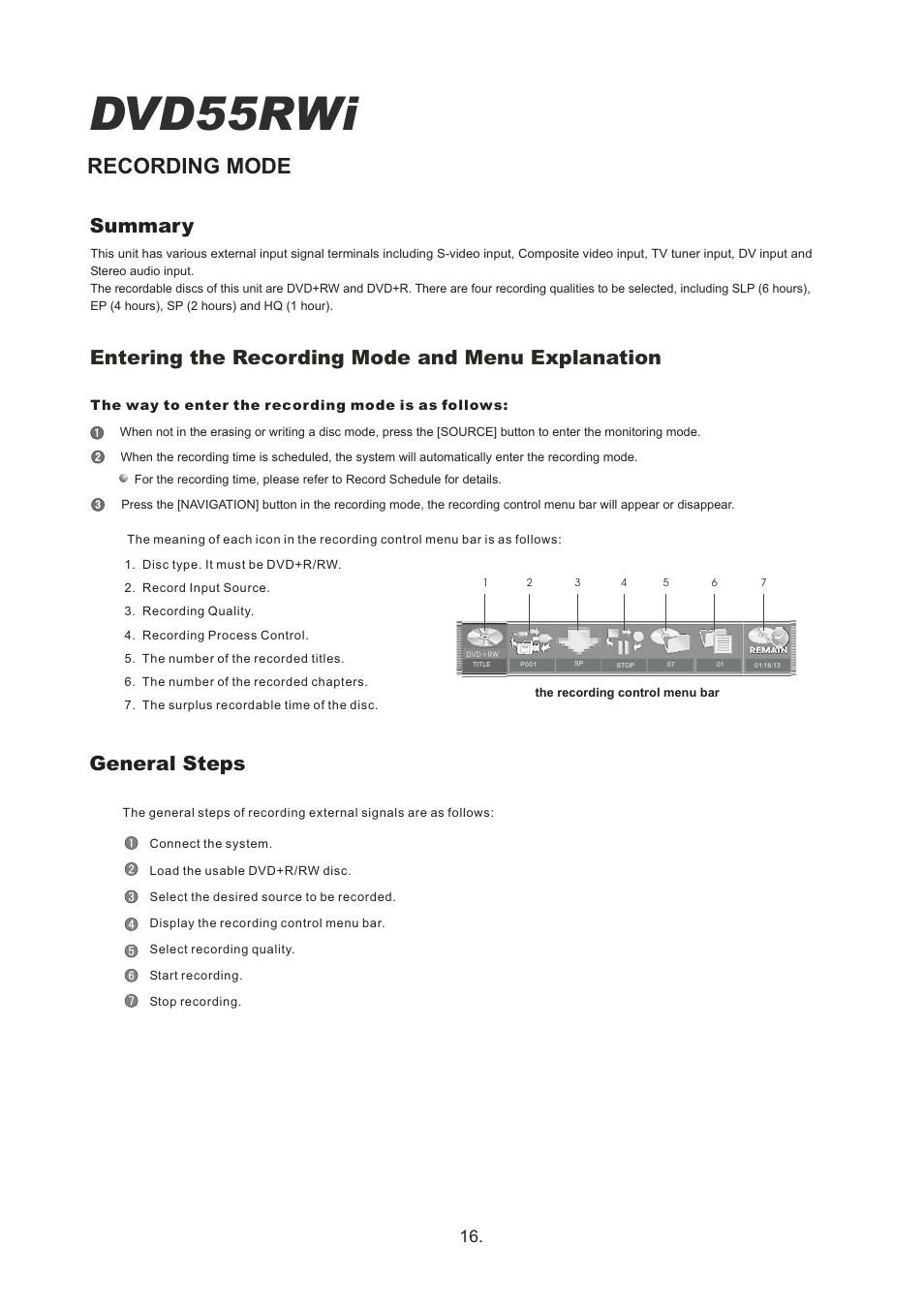 Dvd55rwi, Recording mode, Entering the recording mode and menu explanation | General steps, Summary | Cambridge Audio DVD55RWi User Manual | Page 18 / 56