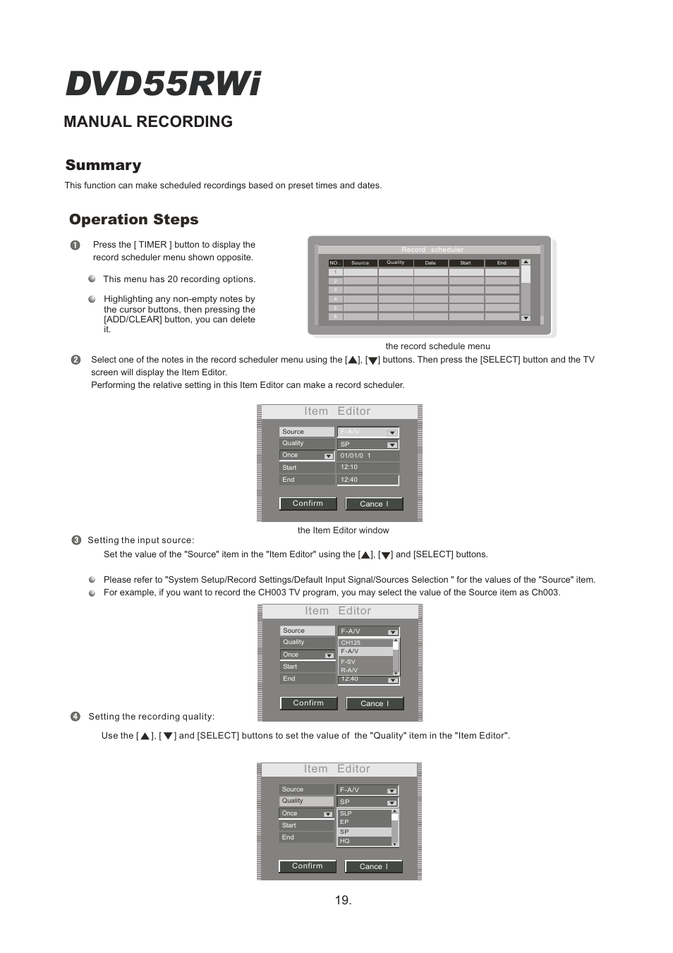 Dvd55rwi, Manual recording, Operation steps | Summary, Item editor | Cambridge Audio DVD55RWi User Manual | Page 21 / 56
