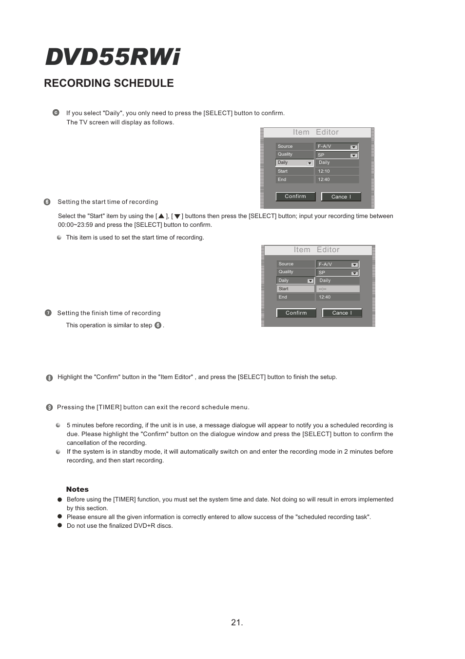 Dvd55rwi, Recording schedule, Item editor | Cambridge Audio DVD55RWi User Manual | Page 23 / 56